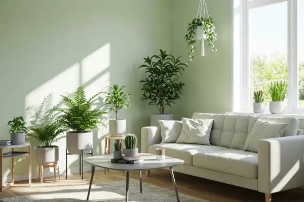 Integração da decoração com plantas e iluminação estratégica