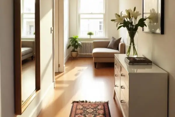 Espelho na parede lateral de apartamento pequeno