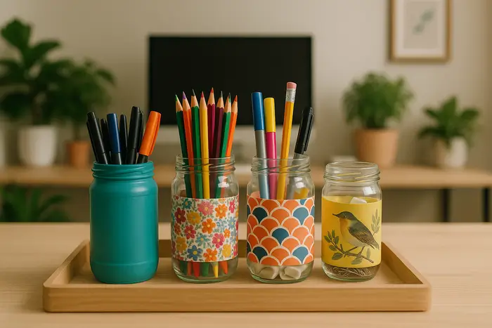 Porta canetas para escritório personalizado com potes de vidro reutilizado